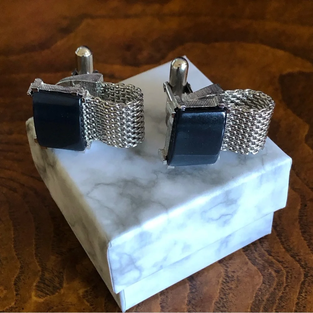 Vintage Swank hematite silver mesh wrap style cuff links
